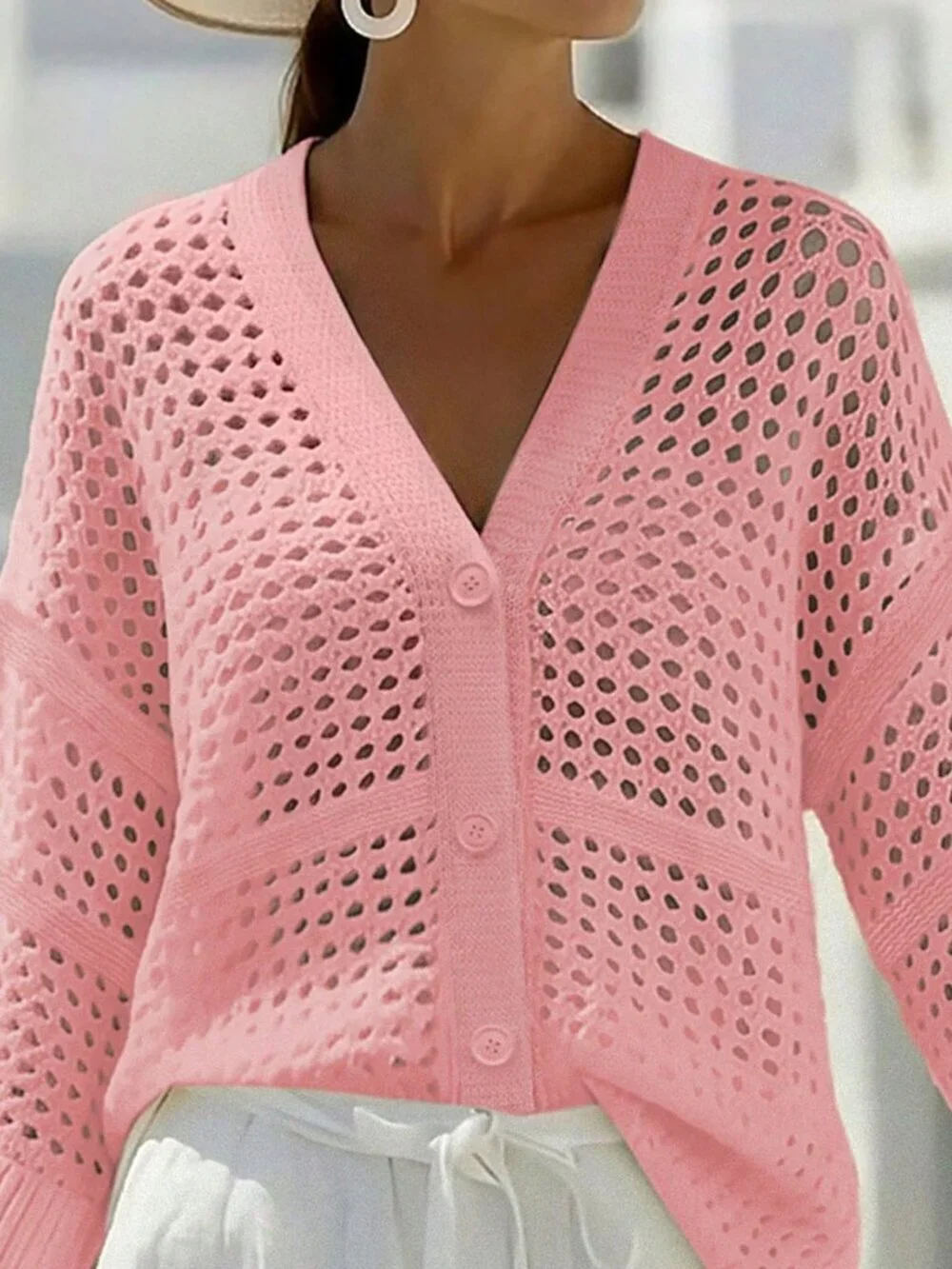 Pink Casual Women's V-Neck Sleeveless Hollow Mesh Loose Thin Cardigan